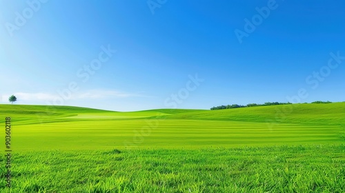 Wide view of a green golf course with blue sky, clouds, and trees in the background. Outdoor sport, open field, nature, golfing. Generative by AI