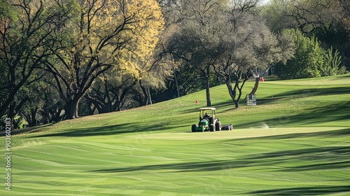 Tractor mowing the grass on a well-maintained golf course surrounded by trees. Maintenance, outdoor sport, greenkeeping, golfing grounds Generative by AI