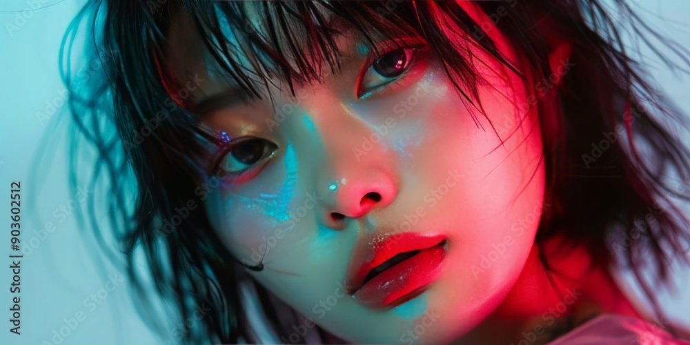 Close-up of a woman's face with red and blue lighting. Close-up of a woman's face with red and blue lighting.