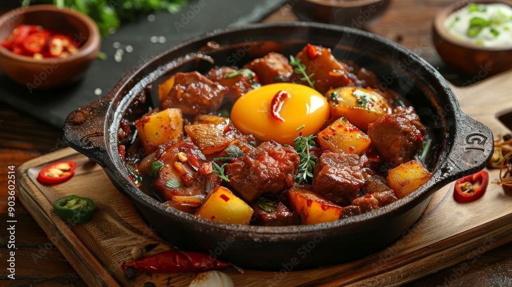 A dish of diced potatoes, onions, and meat, fried in skillet and served with a fried egg on top. A dish of diced potatoes, onions, and meat, fried in skillet and served with a fried egg on top.