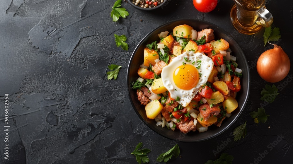 A dish of diced potatoes, onions, and meat, fried in skillet and served with a fried egg on top. A dish of diced potatoes, onions, and meat, fried in skillet and served with a fried egg on top.