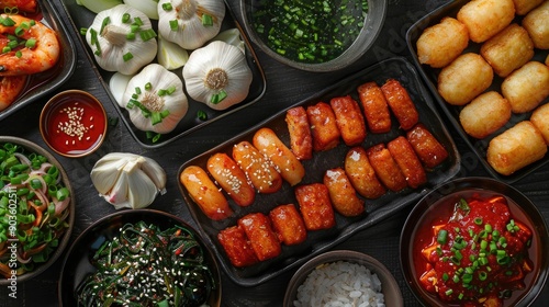 Assortment of Korean Dishes, Including Shrimp, Tofu, and Seaweed Salad