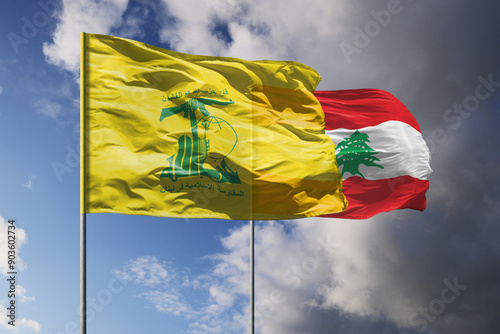 Flags of Hezbollah and Lebanon above blue sky
