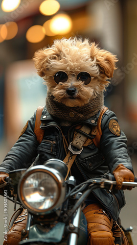 A toy poodle puppy wearing a black leather jacket, riding a motorcycle
