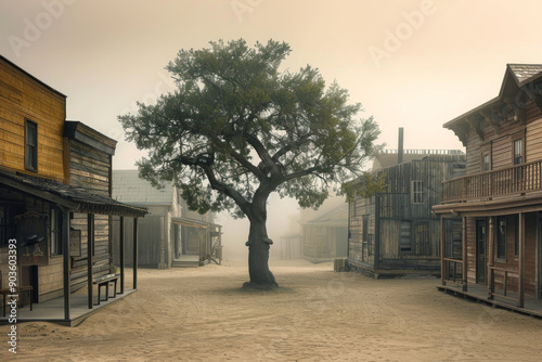 A lone tree stands in a misty western town square.