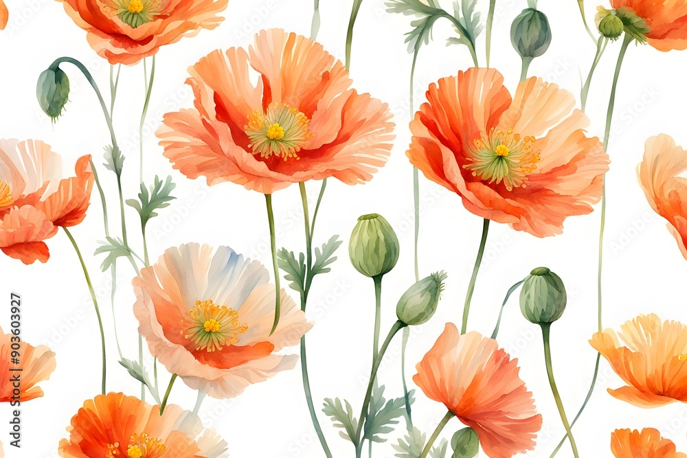 Fototapeta premium Watercolor iceland poppy flowers on white background, Ai Generated