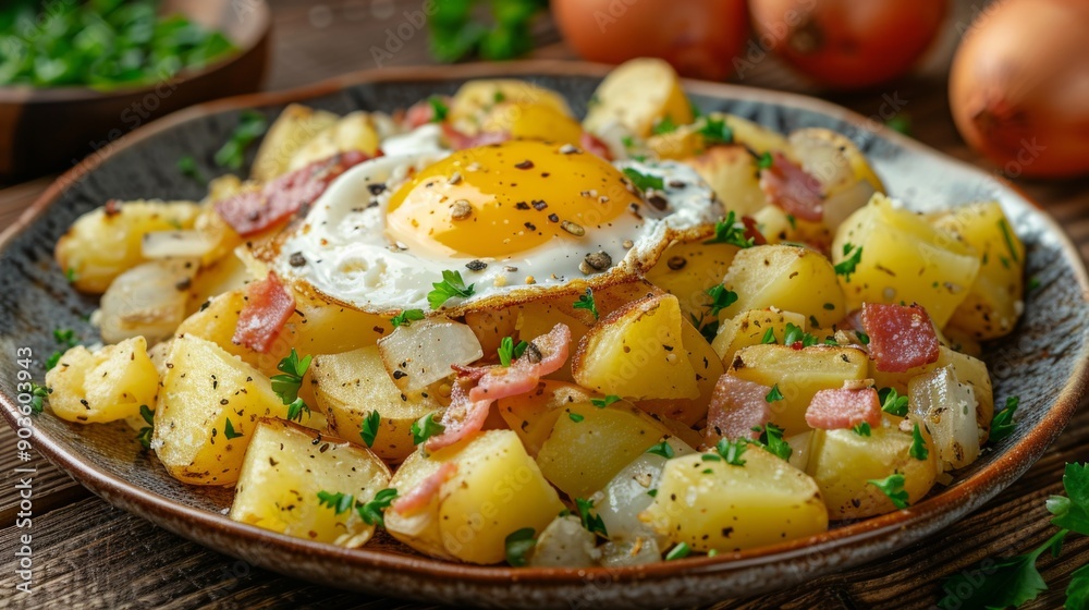 A dish of diced potatoes, onions, and meat, fried in skillet and served with a fried egg on top. A dish of diced potatoes, onions, and meat, fried in skillet and served with a fried egg on top.