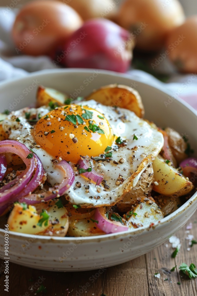 A dish of diced potatoes, onions, and meat, fried in skillet and served with a fried egg on top. A dish of diced potatoes, onions, and meat, fried in skillet and served with a fried egg on top.