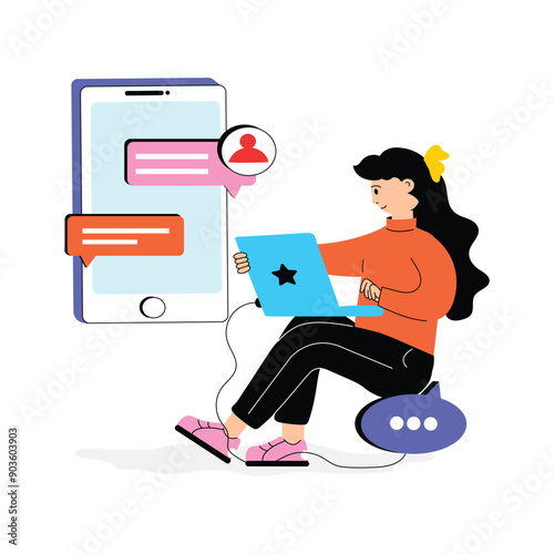 An illustration of a woman providing online customer support through a laptop and mobile chat.