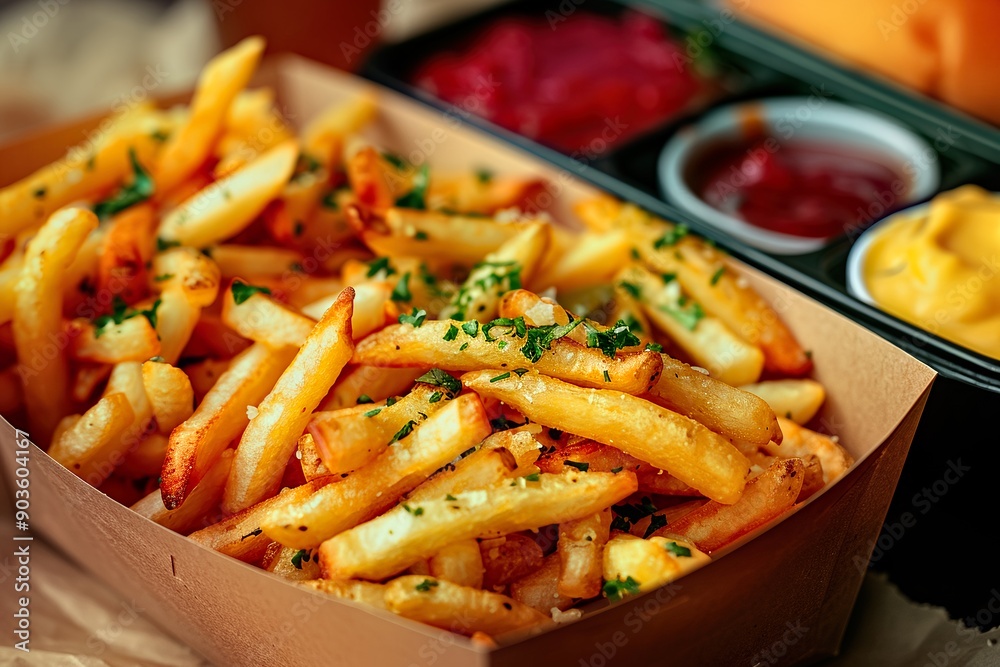 Top-View of Cardboard Box with Fries, Salsa, and Dipping Sauces Top-View of Cardboard Box with Fries, Salsa, and Dipping Sauces