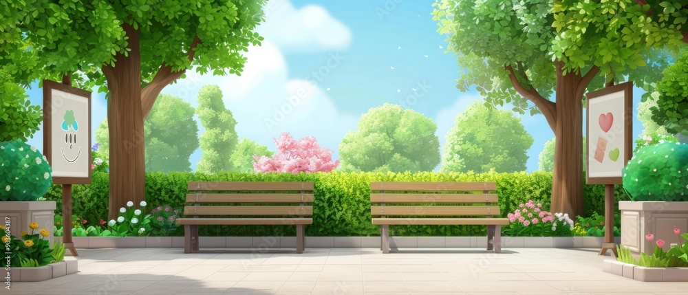 Fototapeta premium A serene park scene featuring benches, vibrant trees, and colorful flowers under a bright sky, perfect for relaxation and nature lovers.
