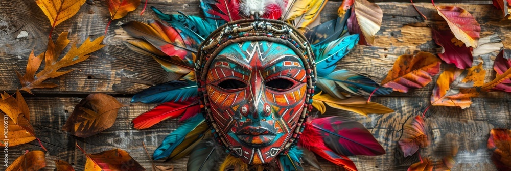 Obraz premium A vibrant wooden mask with intricate designs, surrounded by autumn leaves, symbolizing tradition, heritage, nature, and change.