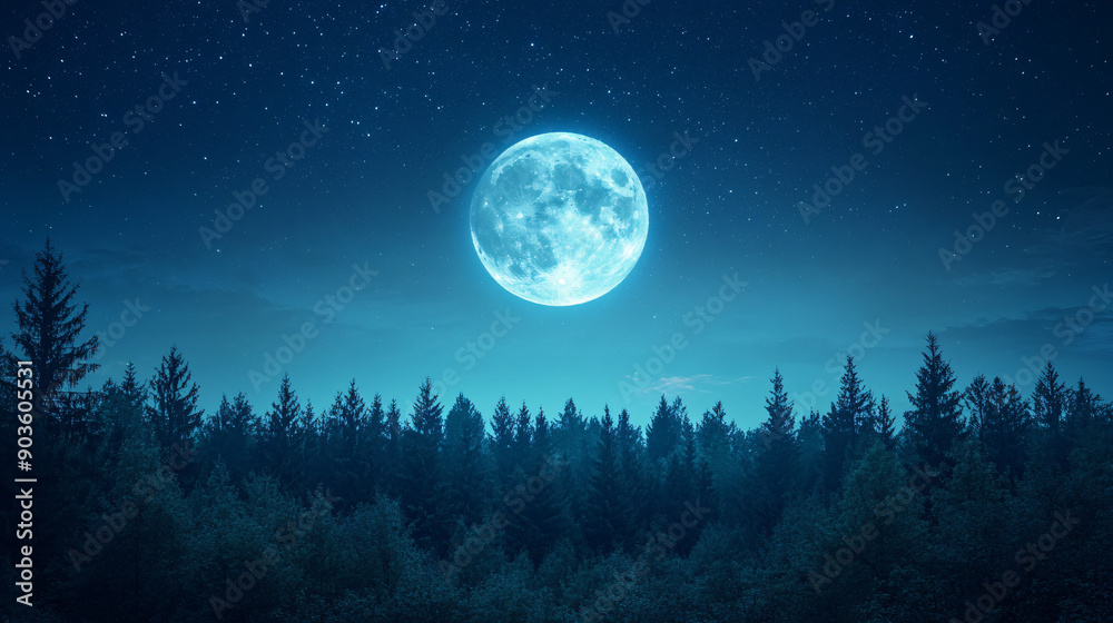 Naklejka premium A moon shining in the sky above a serene forest, creating a tranquil and enchanting atmosphere. Suitable for nature, astronomy, and landscape-related content.