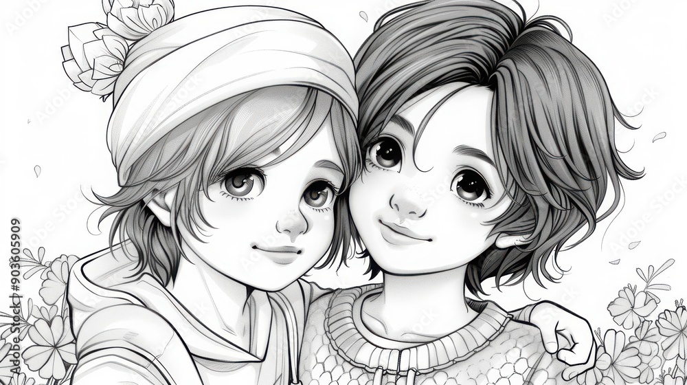 Two girls share joy and friendship in this charming monochrome illustration, perfect for coloring and creative projects. Two girls share joy and friendship in this charming monochrome illustration, perfect for coloring and creative projects.