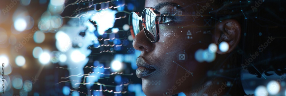 A woman wearing glasses looks intently at a screen, surrounded by ...