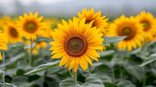 A field of sunflowers in full bloom, swaying gently in the breeze, representing optimism and joy