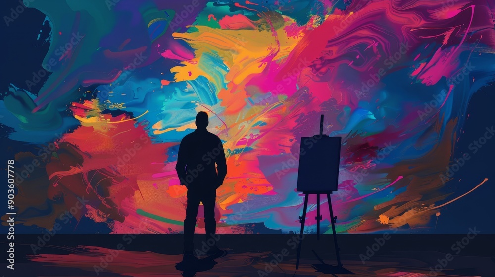 An artist stands in silhouette, facing a vibrant canvas of colorful strokes. The background represents creativity, dreams, and a boundless world of possibilities. An artist stands in silhouette, facing a vibrant canvas of colorful strokes. The background represents creativity, dreams, and a boundless world of possibilities.