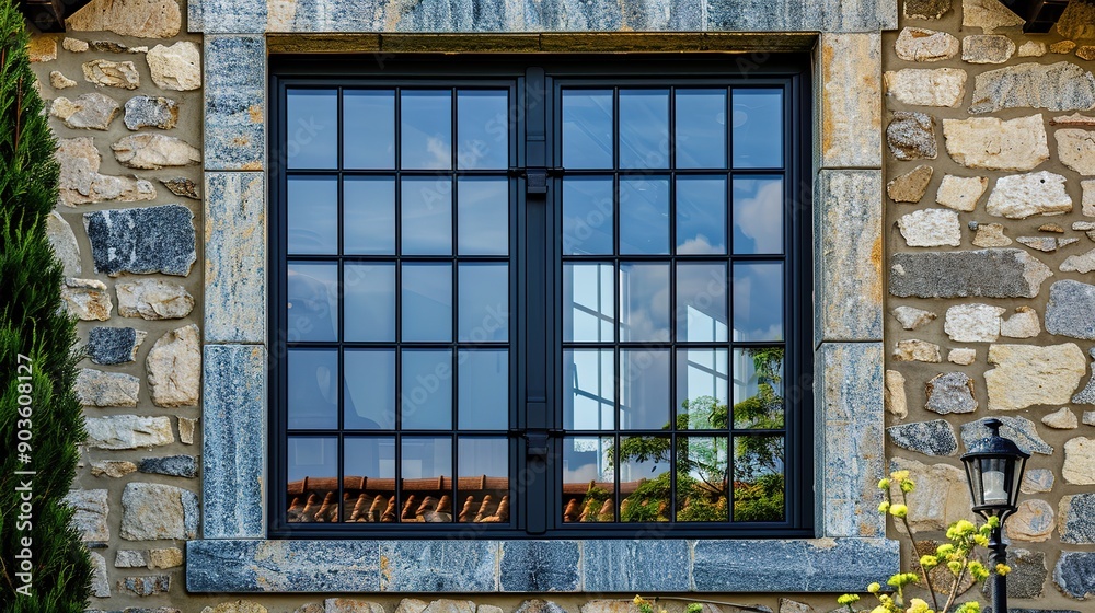 Obraz premium Professional Photography of the Exterior Window of an American Home, Showcasing Architectural Details and Design