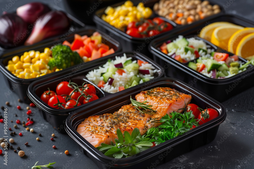 variety of food in clear containers, including fish, broccoli, carrots, and tomatoes. Concept of health and wellness, as the food is fresh and colorful variety of food in clear containers, including fish, broccoli, carrots, and tomatoes. Concept of health and wellness, as the food is fresh and colorful