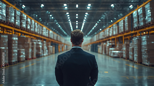 Wallpaper Mural Businessman in spacious distribution warehouse, projecting confidence and industry, wide view, high resolution Torontodigital.ca