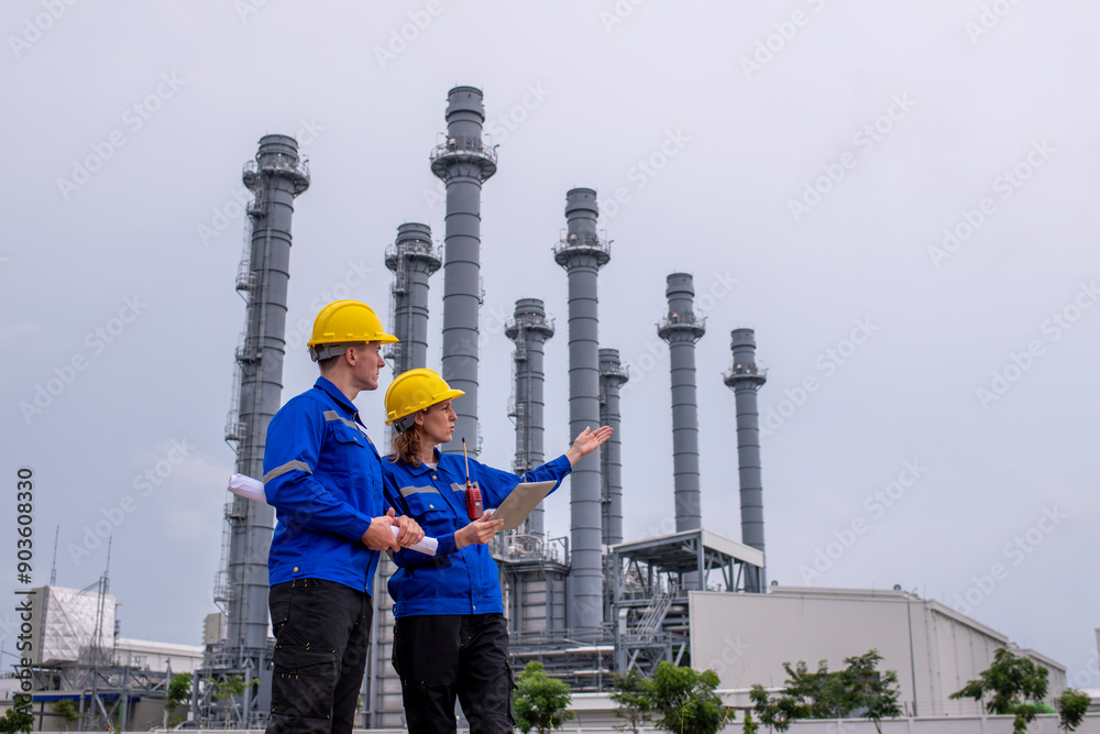 Engineers wearing safety gear, including hard hats examining survey a large blueprint laptop standing industrial facility oil refinery engaged in a job that requires high safety standards. Engineers wearing safety gear, including hard hats examining survey a large blueprint laptop standing industrial facility oil refinery engaged in a job that requires high safety standards.