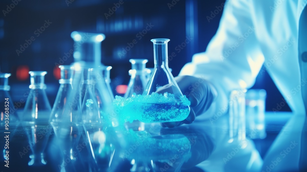 Close-up of scientists' hands analyzing blue substance in a laboratory with research tools in the background, highlighting the scientific research and experimental process in a modern lab environment. Close-up of scientists' hands analyzing blue substance in a laboratory with research tools in the background, highlighting the scientific research and experimental process in a modern lab environment.