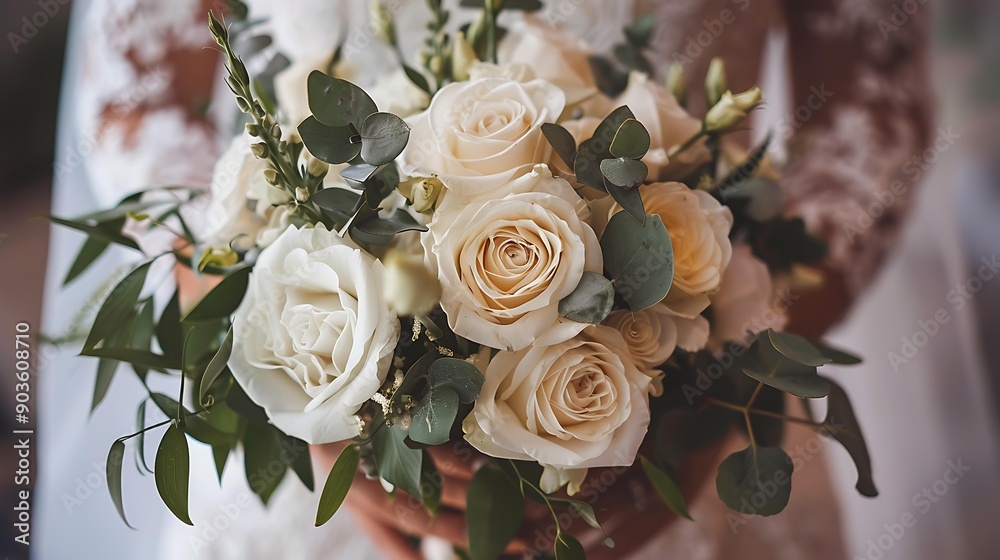 A close-up of a bride’s bouquet of white roses and greenery, with her lace wedding dress visible in the background. A close-up of a bride’s bouquet of white roses and greenery, with her lace wedding dress visible in the background.