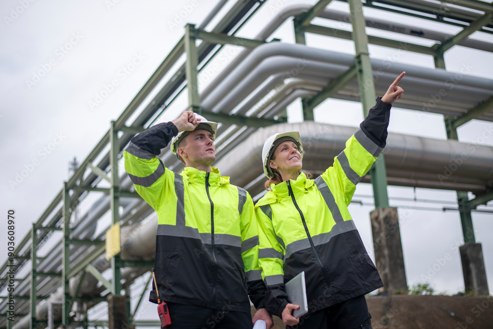 Engineers wearing safety gear, including hard hats examining survey a large blueprint laptop standing industrial facility oil refinery engaged in a job that requires high safety standards. Engineers wearing safety gear, including hard hats examining survey a large blueprint laptop standing industrial facility oil refinery engaged in a job that requires high safety standards.