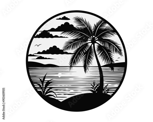 silhouette beach logo, black white, circle, isolated on white background ai generated