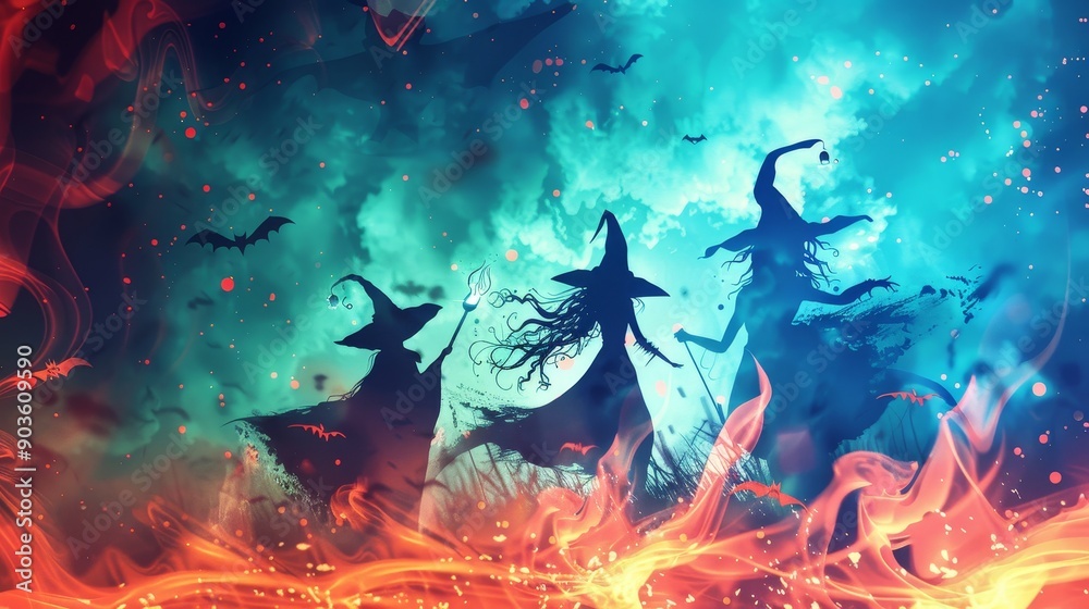 Three witches dance against a backdrop of fiery orange and blue skies, symbolizing magic, power, and the mystical. Bats fly overhead, adding to the spooky and enchanting atmosphere. The scene evokes Three witches dance against a backdrop of fiery orange and blue skies, symbolizing magic, power, and the mystical. Bats fly overhead, adding to the spooky and enchanting atmosphere. The scene evokes