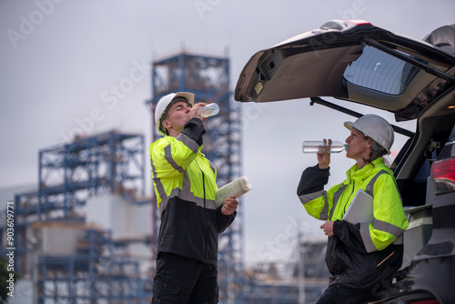 Wallpaper Mural Engineer drinking water tried form work holding tablet computer standing in front of industrial facility, possibly a refinery or chemical plant, engaged in a job that requires high safety standards. Torontodigital.ca
