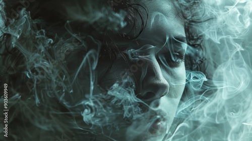 A woman's face emerging from swirling smoke under atmospheric lighting, creating a mysterious and dramatic effect..