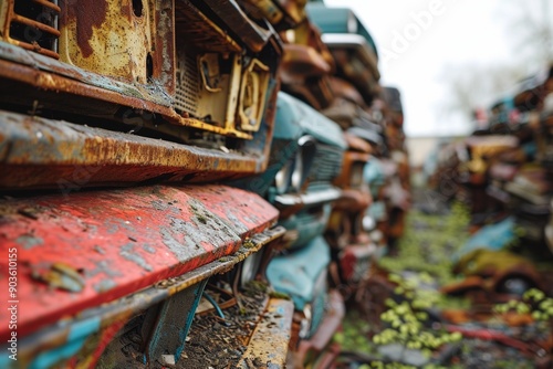 Old rusty cars in an abandoned scrapyard close up