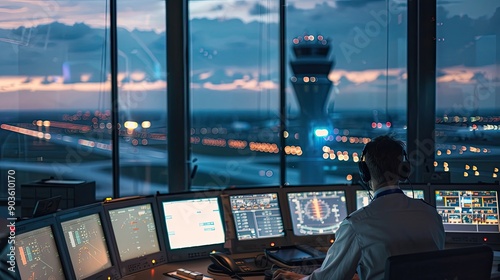 Air traffic controller monitoring flights with large radar screen at sunset, ensuring safe navigation and coordination. Generative by AI