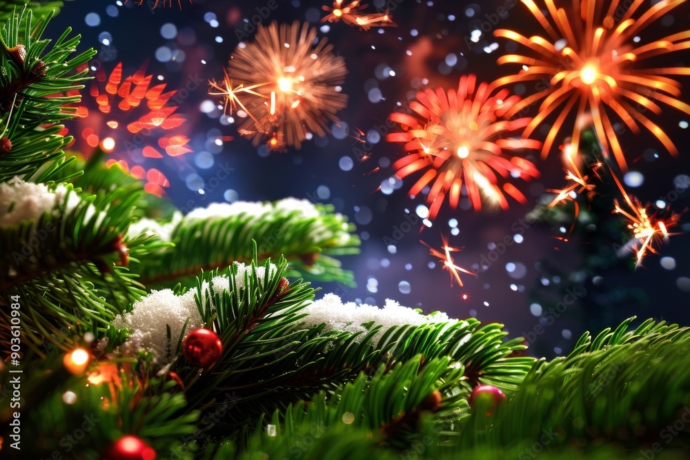 Christmas tree with snow-covered branches and fireworks in the background Christmas tree with snow-covered branches and fireworks in the background