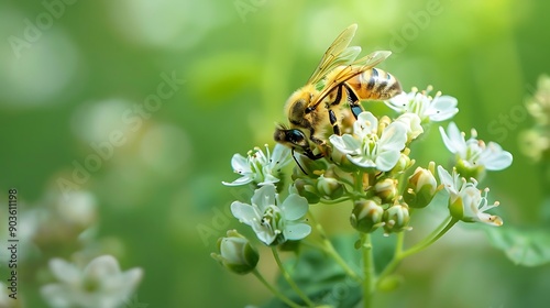 Honey Bee Pollinating White Flowers on Green Background Photo