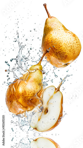 Floating isolated whole pear with water splash photo