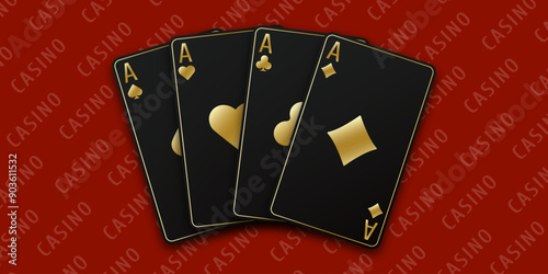 Red Casino table background. Vector illustration Casino of all the aces. A hand fanned of playing cards consisting Ace of Spades, Diamonds, Clubs, Hearts.