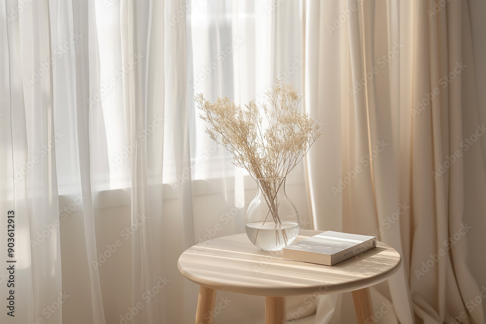 A close-up of the corner table, adorned with an elegant vase holding dried flowers and a book, set against a soft beige wall, creating a serene ambiance in Scandinavian style A close-up of the corner table, adorned with an elegant vase holding dried flowers and a book, set against a soft beige wall, creating a serene ambiance in Scandinavian style