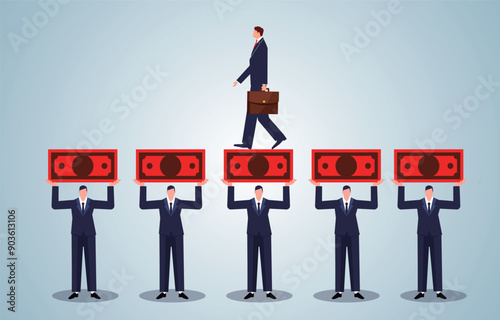 Creating paths that open up business or career paths, plans to achieve business goals, teams with bills in hand as paths to help the boss move forward