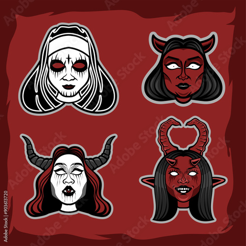 Demons and Divinity: A quartet of chilling female figures, blending demonic and sacred aesthetics in a haunting illustration perfect for Halloween or occult themes. 