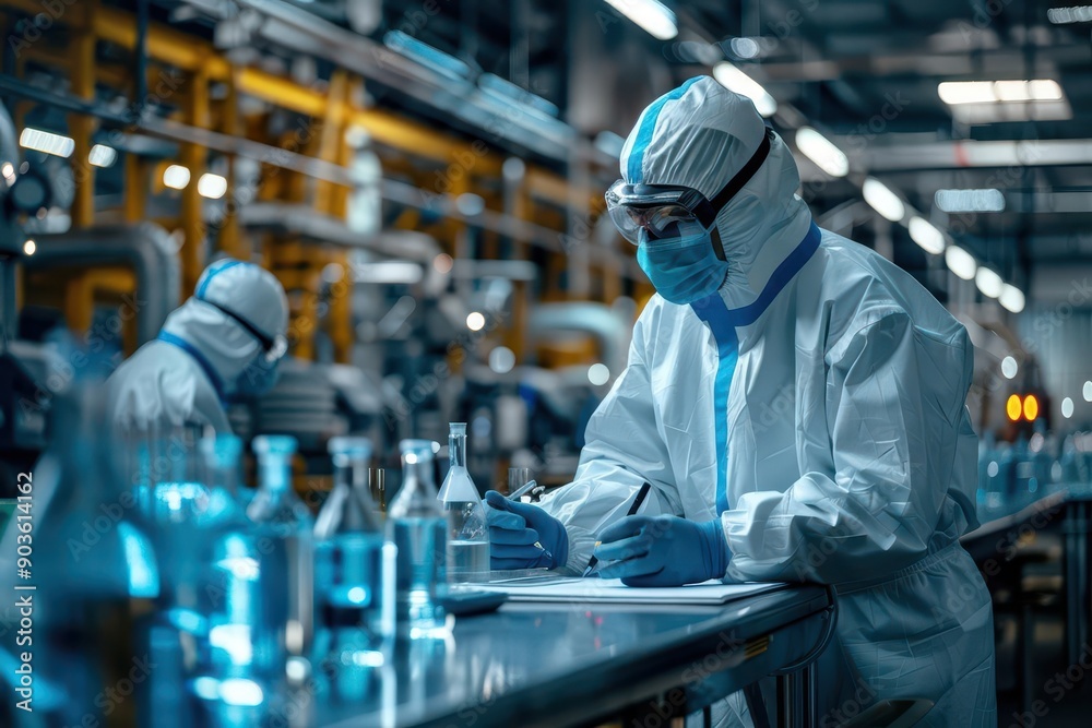 Obraz premium A scientist in a protective suit conducting research in a laboratory filled with glassware and equipment.