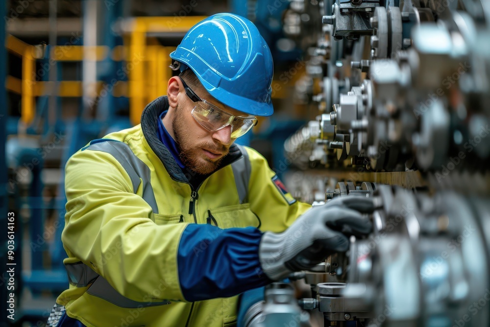 A technician in a safety helmet inspecting machinery, ensuring optimal performance in an industrial environment. A technician in a safety helmet inspecting machinery, ensuring optimal performance in an industrial environment.