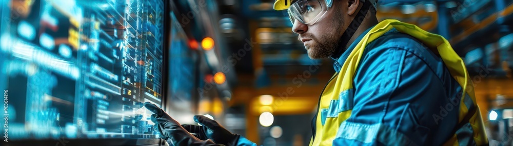 Engineer working on advanced technology interface in a modern industrial setting, demonstrating innovation and precision. Engineer working on advanced technology interface in a modern industrial setting, demonstrating innovation and precision.