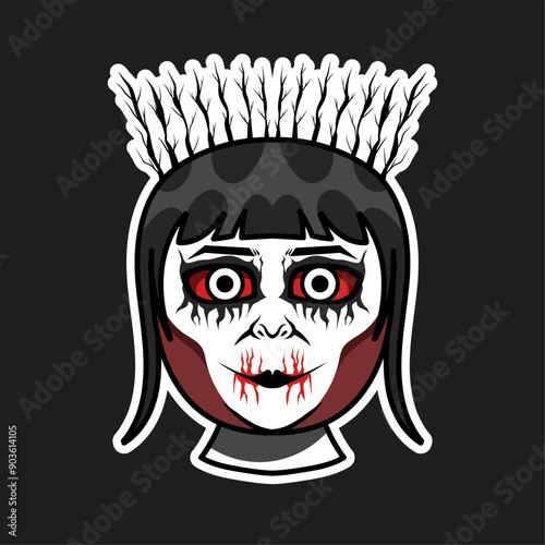 Creepy Doll Portrait: A chilling illustration of a doll's face, adorned with a feather crown, evoking a sense of unease and horror. 