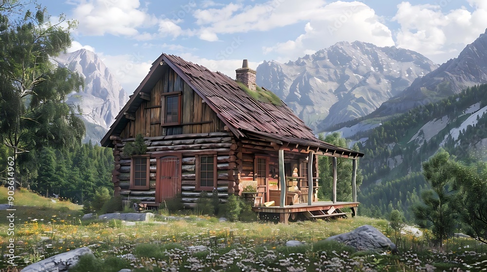 Log Cabin with Mountain Views Illustration Log Cabin with Mountain Views Illustration