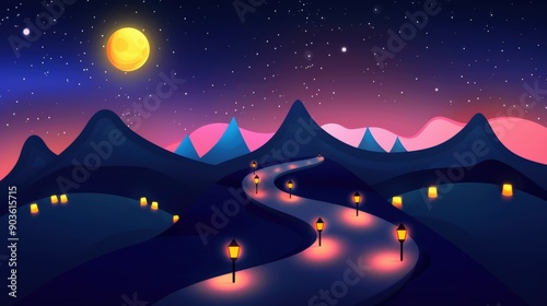 Moonlit mountain scenery lanterns along the path flat design illustration