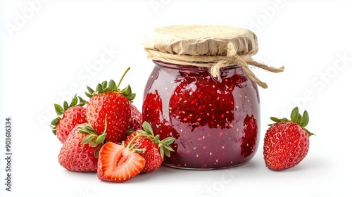 jar of strawberry jam on white background