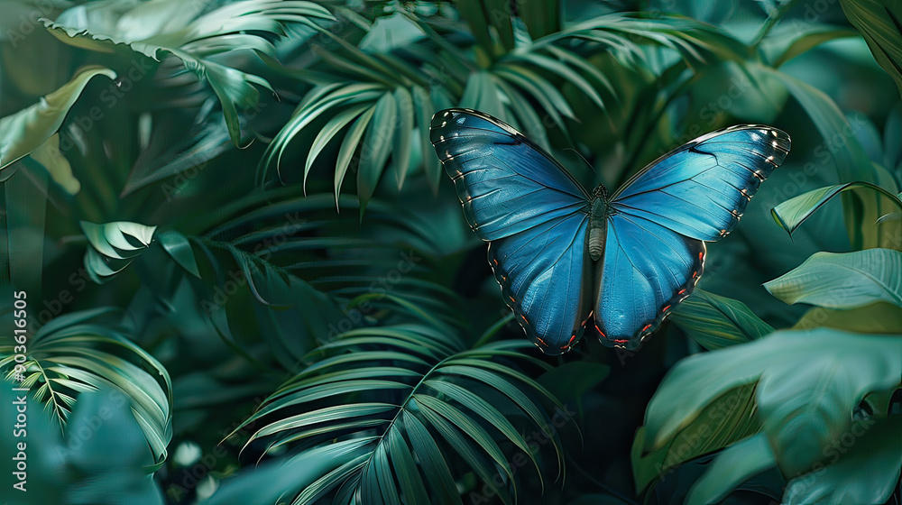 Fototapeta premium Blue Morpho Butterfly Fluttering Among Lush Foliage AI Generative