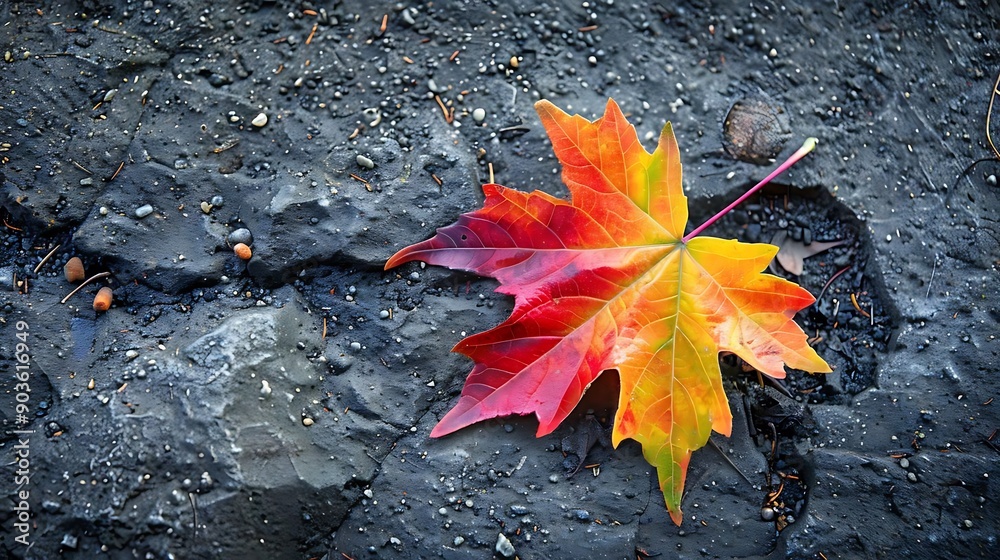 Single Autumn Leaf on Gray Rock Photo Single Autumn Leaf on Gray Rock Photo